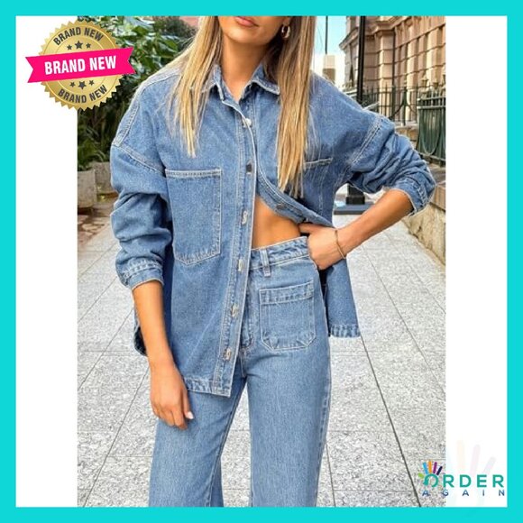 Oversized Denim Shirt Button Down Blouse Distressed Y2K Chic Fall Outfit - Picture 4 of 7